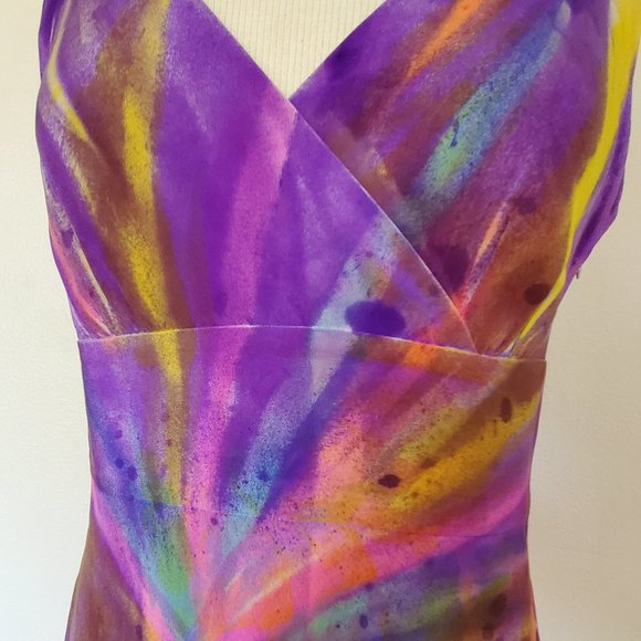 Silk Short Dress african batik purple yellow gold pink blue palms tropical beach - Picture 10 of 11